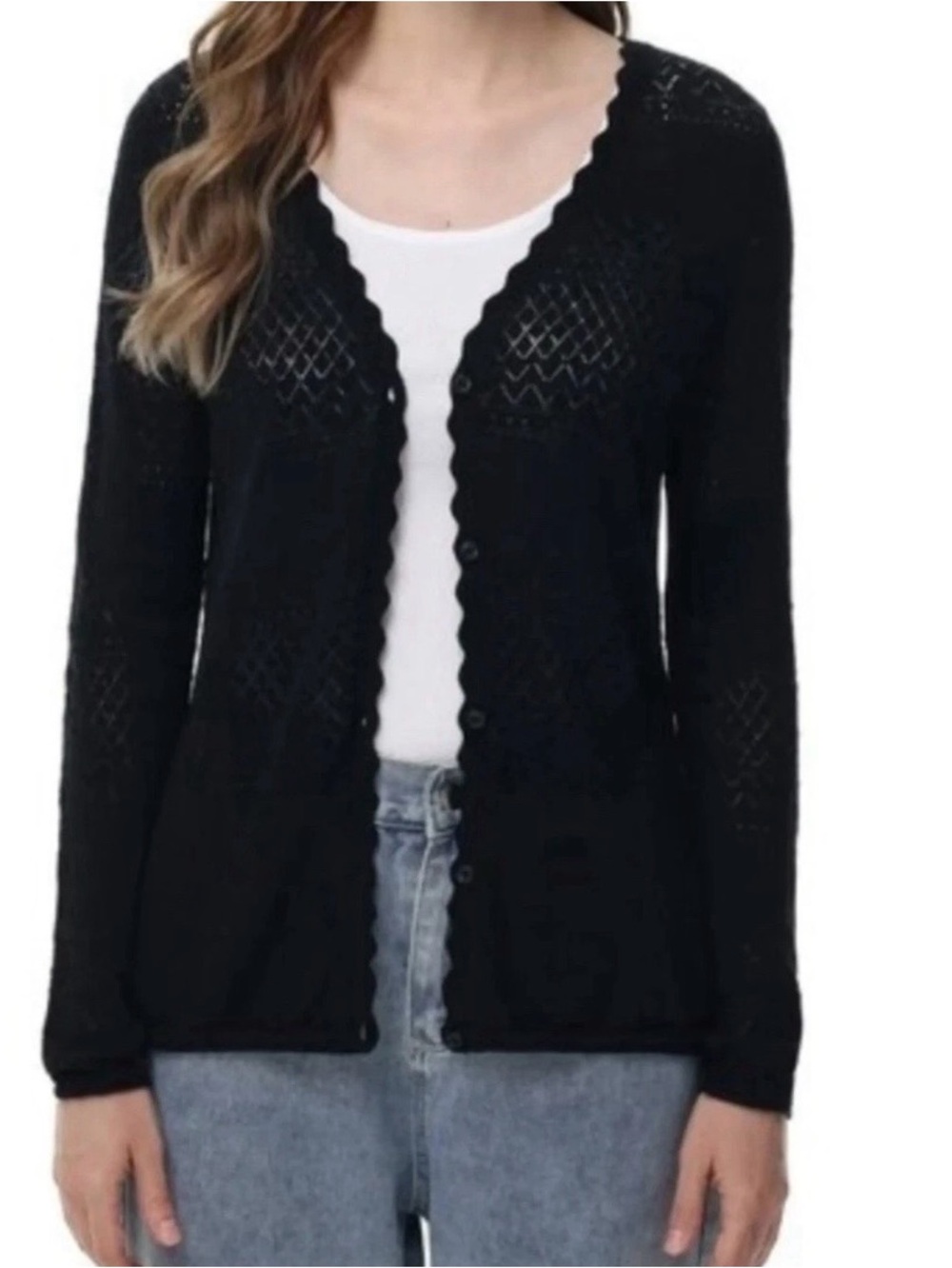 Frye Large Black V-Neck Button-Front Cardigan Scalloped Edge